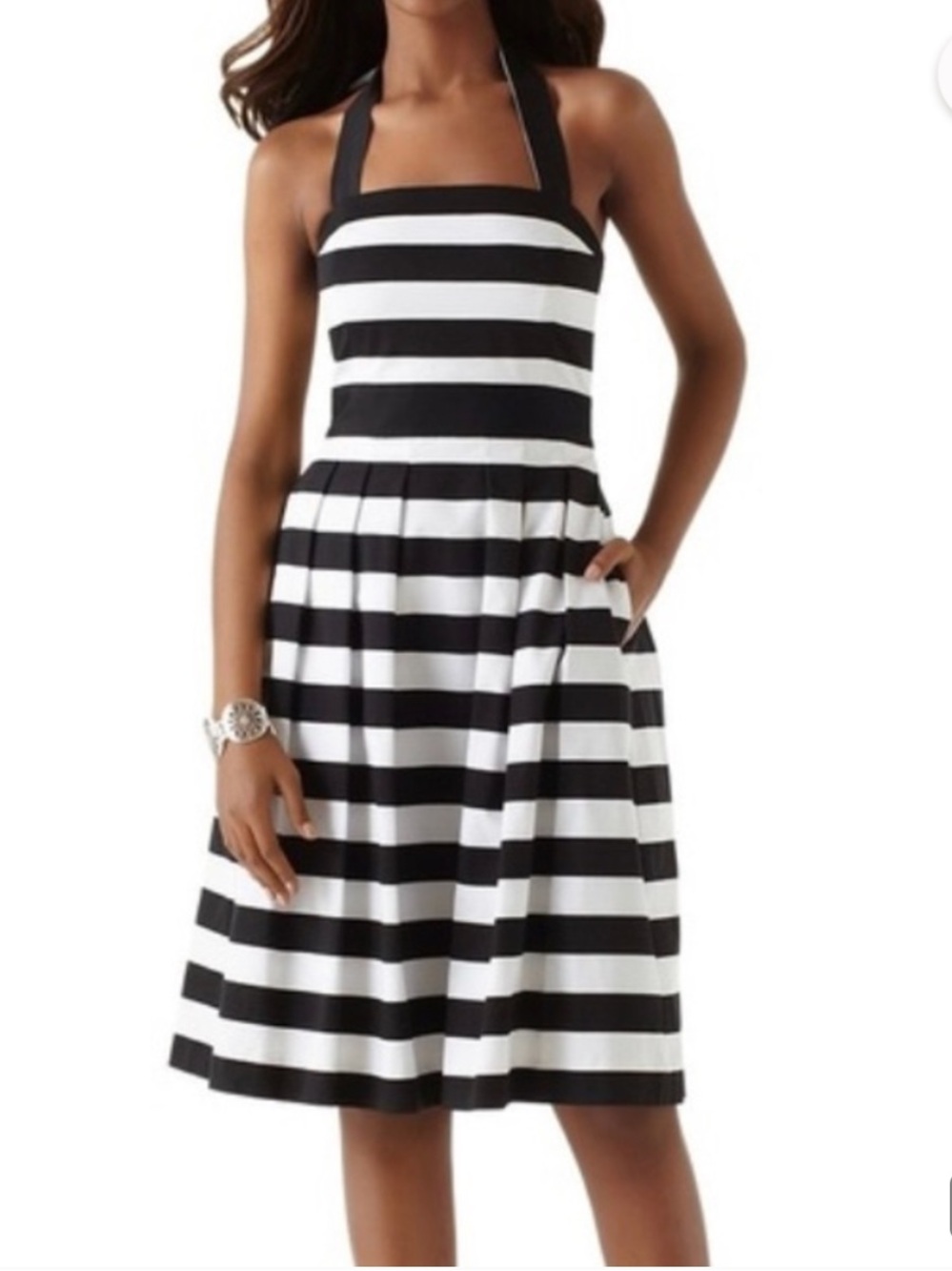 WHBM Black & White Striped Halter Dress